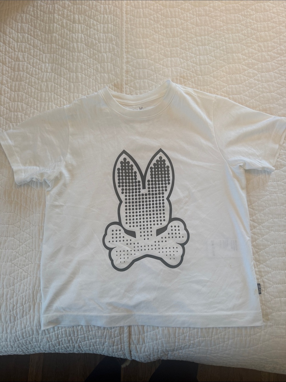 Psycho Bunny White Tee with Grey Bunny-and-Bones Graphic